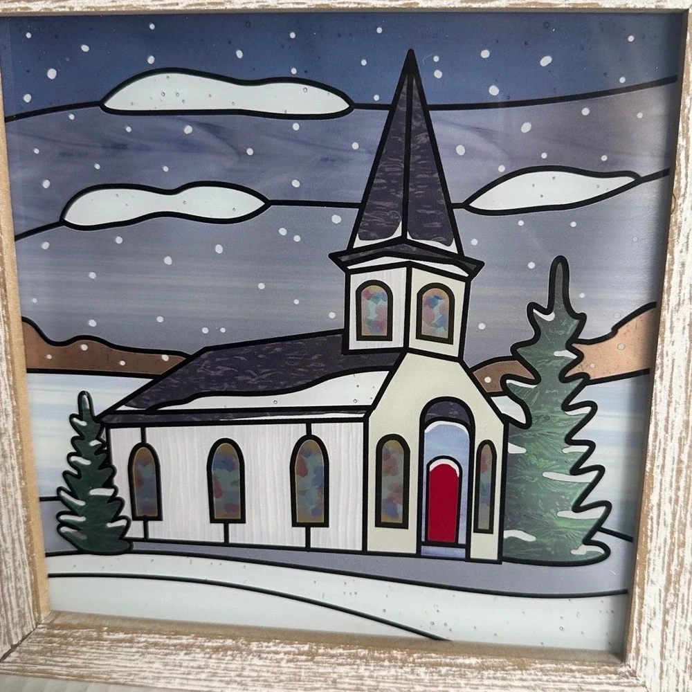 Red Shed Framed Print on Glass Winter Church White 8.5